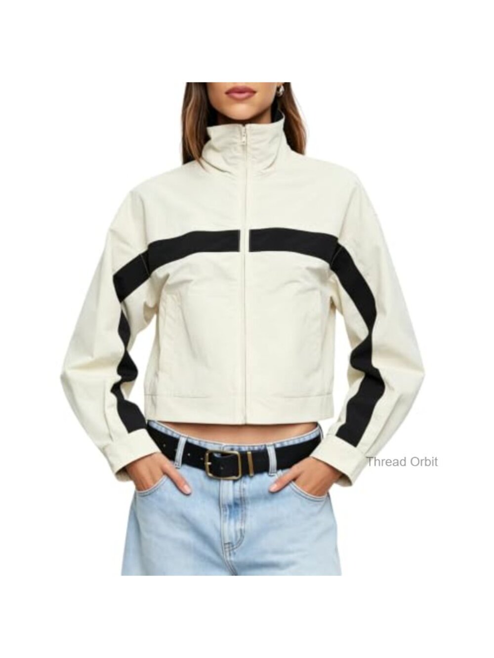 Polyester Cropped Jacket Funnel Neck Color Block Windbreaker